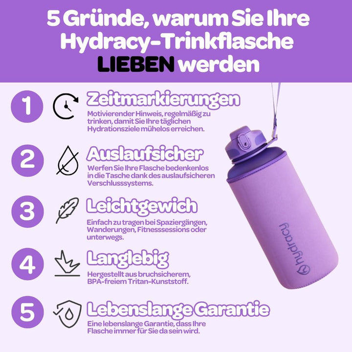 Hydracy Trinkflasche mit Strohhalm und Zeitmarkierung - 2L Wasserflasche - BPA-freie Trinkflasche -