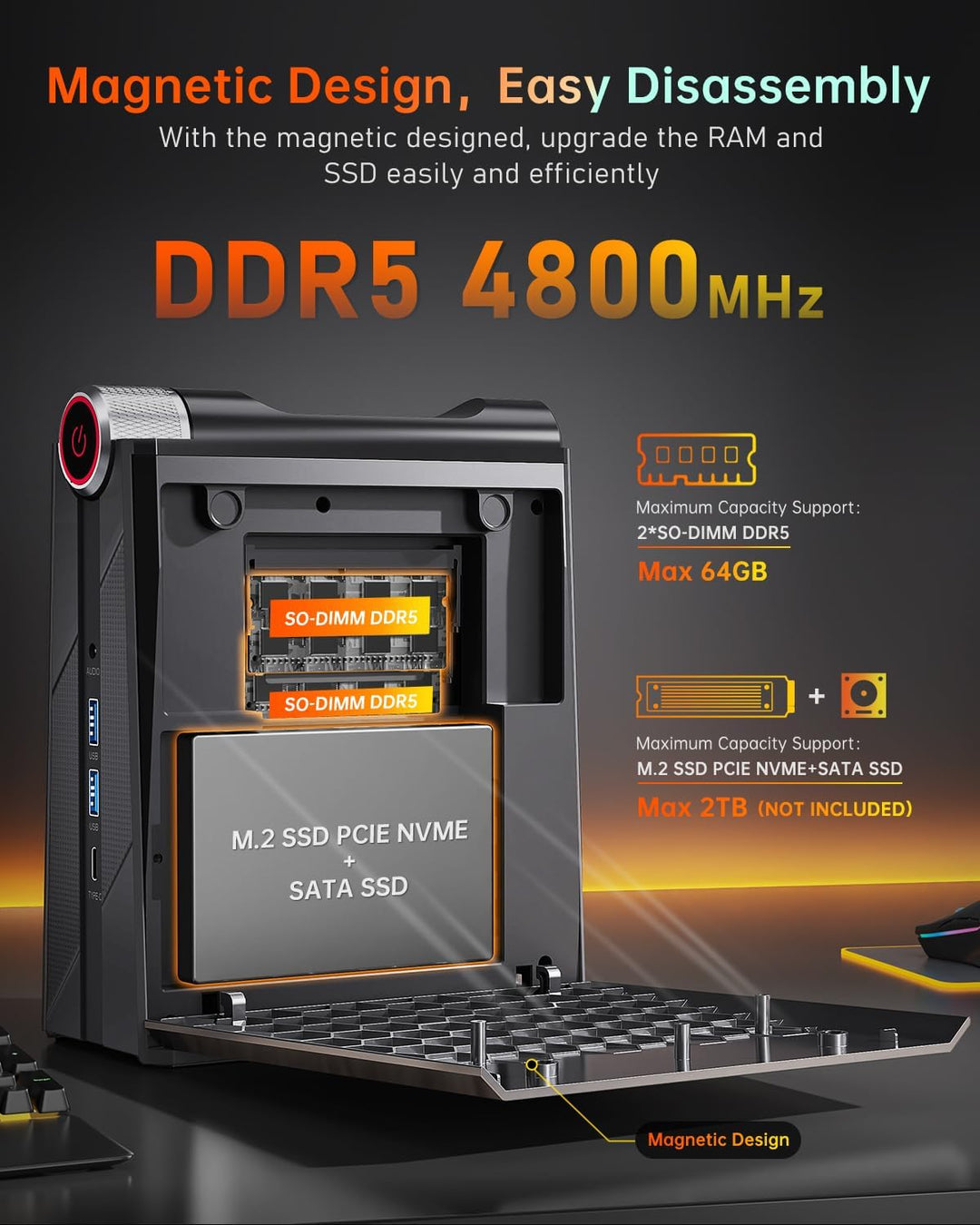 Mini PC RGB 3-Mode Customization, 1024GB(1TB) M.2 NVME SSD Micro PC AMD Ryzen7 7735HS (4.75GHz) 32GB