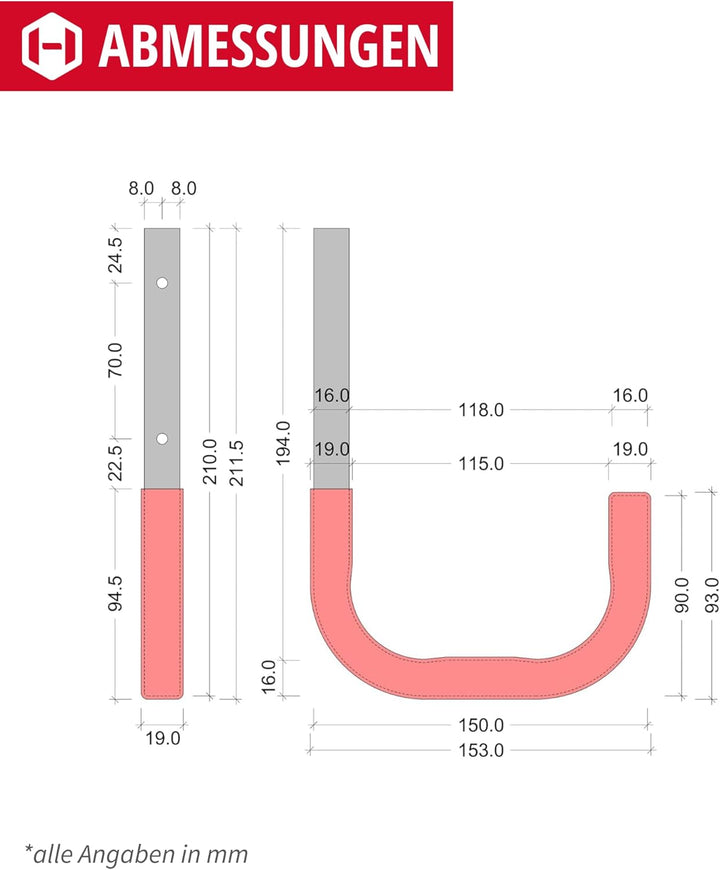 Gedotec Garagen-Haken Metall verzinkt | 2 Stück Befestigungshaken mit Gummierung | 150 x 210 mm Allz