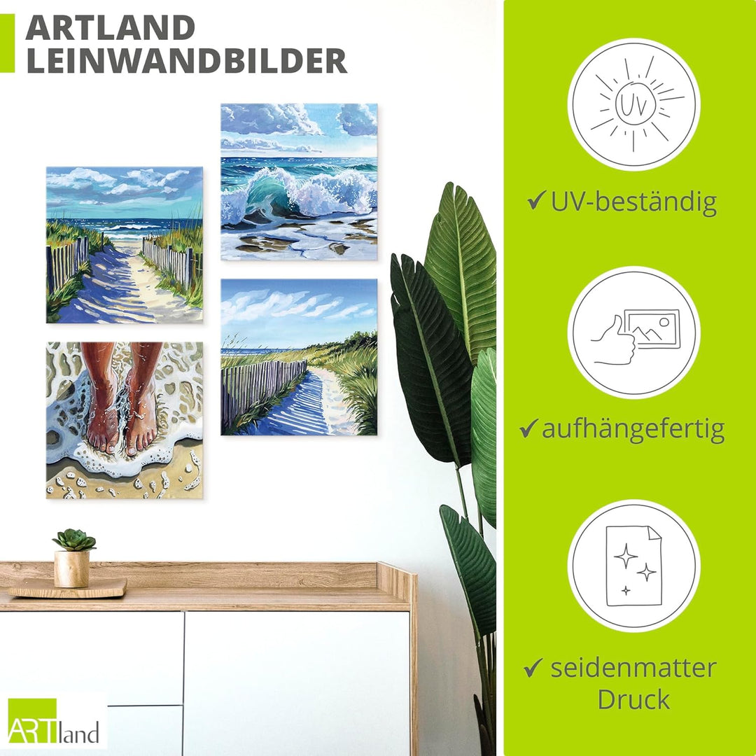 ARTLAND Wanddeko Leinwand Bilder Set 4tlg. je 40x40 cm Strand Urlaub blaues Wasser Wellen Entspannun