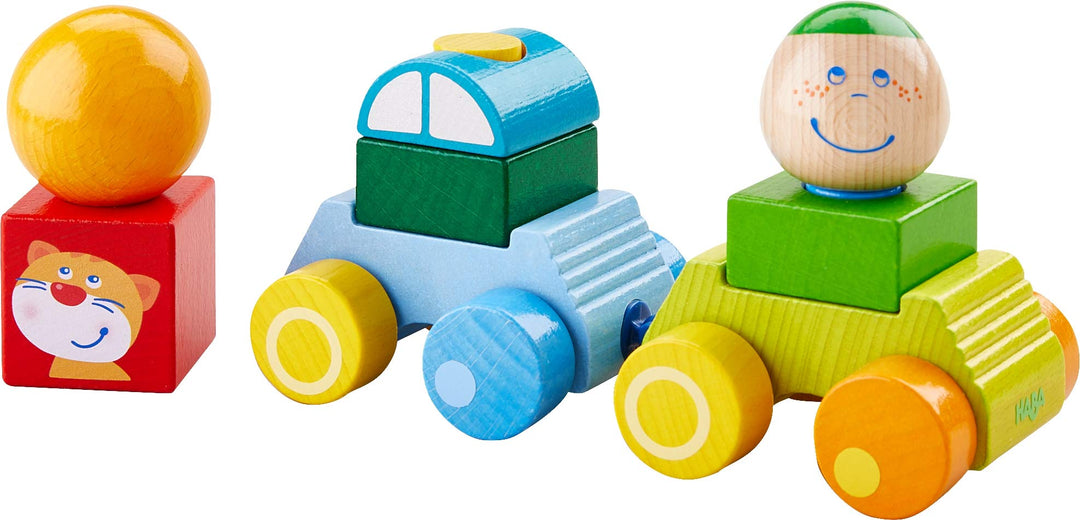 HABA 304739 - Entdeckerauto Anton, Auto mit Anhänger und Bausteinen aus Holz, Motorikspielzeug zum S