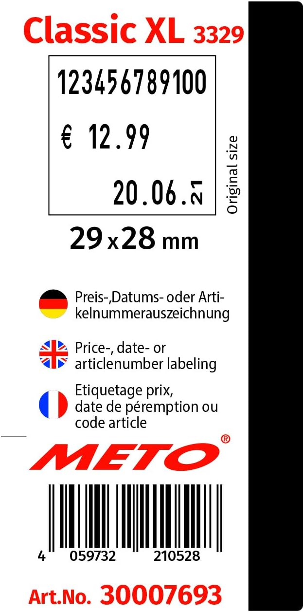 Meto Original Classic XL Preisauszeichner Set – Preis, MHD, Datum, Artikelnummer (3-zeilig, 33-stell