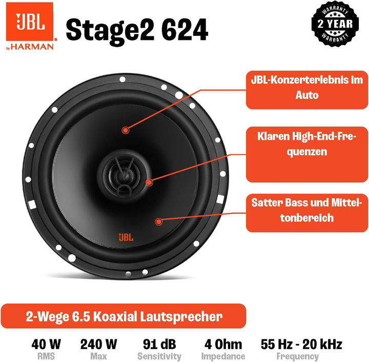 JBL Stage2 624 2-Wege Auto Lautsprecher Set von Harman Kardon - 240 Watt KFZ Autolautsprecher Boxen