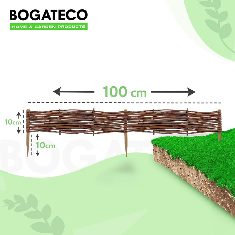 BOGATECO 10 x Beeteinfassung aus Weide | 100 cm Lang & 10 cm Hoch | Holz-Zaun Rasenkante | Weiden-Za