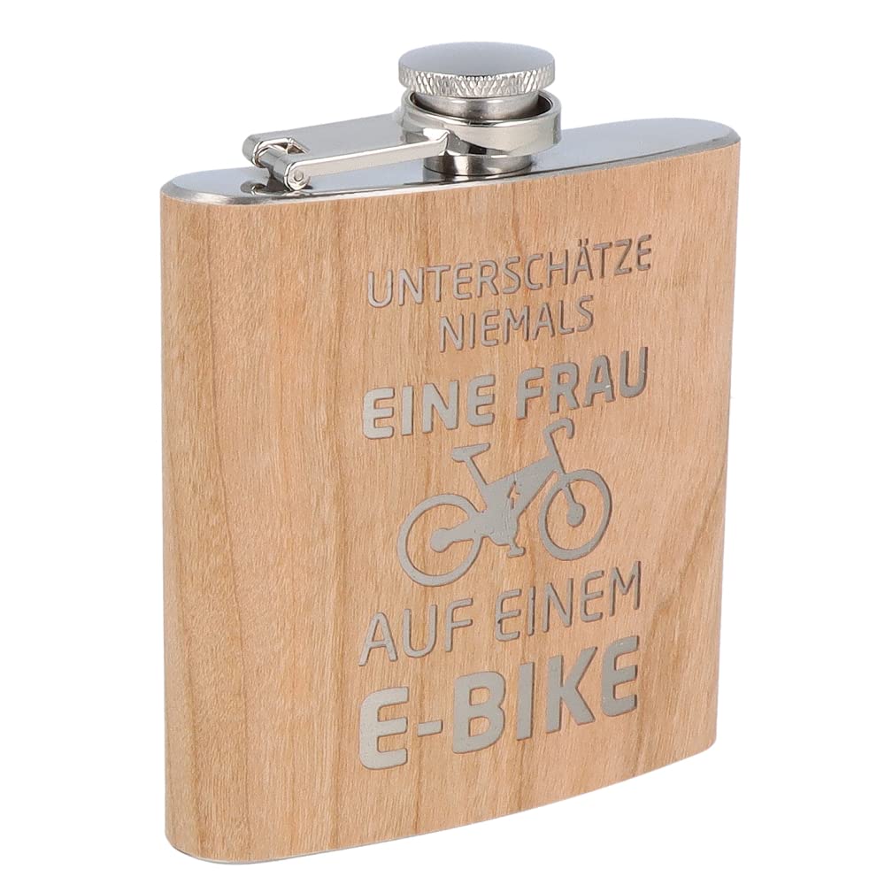 Spruchreif | Gravierter Edelstahl Flachmann | Holz Flachmann mit Gravur E-Bike | Outdoor Geschenk |