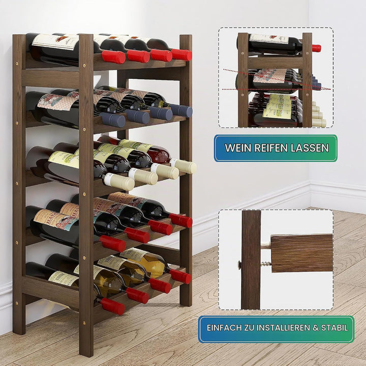 SMIBUY Bambus-Weinregal, 20 Flaschen-Display-Halter, 5-stöckige freistehende Lagerregale für Küche,