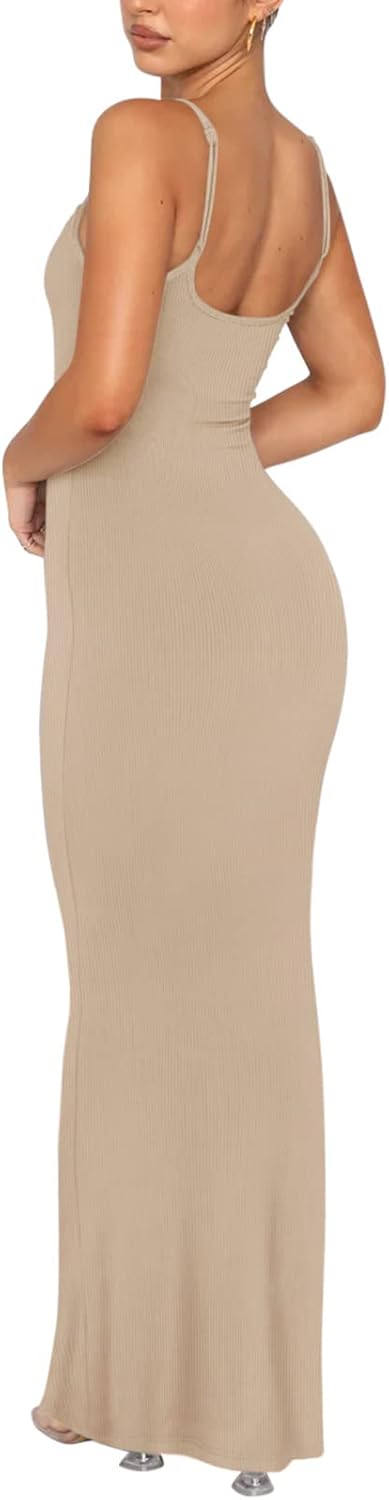 REORIA Damen Sexy Lounge Slip Langes Kleid Elegantes Hochzeitsgast ärmelloses rückenfreies Geripptes