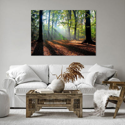 Bilder auf Leinwand 100x70cm Leinwandbild mit Rahmen Wald Blätter Sonne Gross Wanddeko Bild Schlafzi