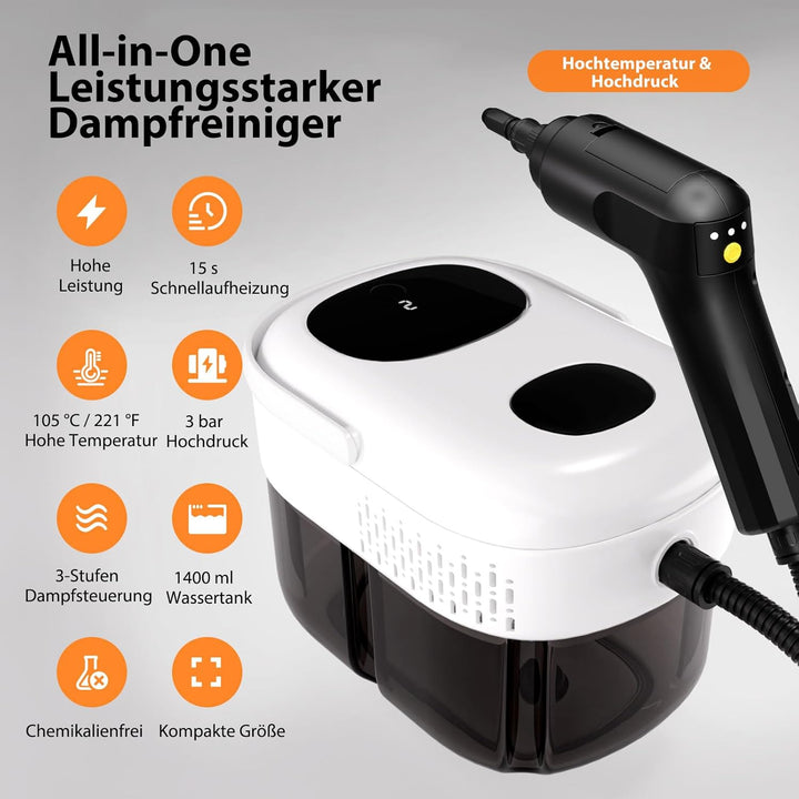 Dampfreiniger Handgerät, Dampfreiniger für Alles, 15s Aufheizzeit, 3-stufig einstellbarer, 1,4L Tank