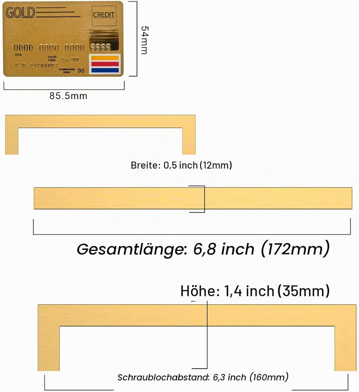Amerdeco 10 Stück Möbelgriffe Edelstahl Gold Schrankgriffe Küchengriffe 160mm Lochabstand Schubladen