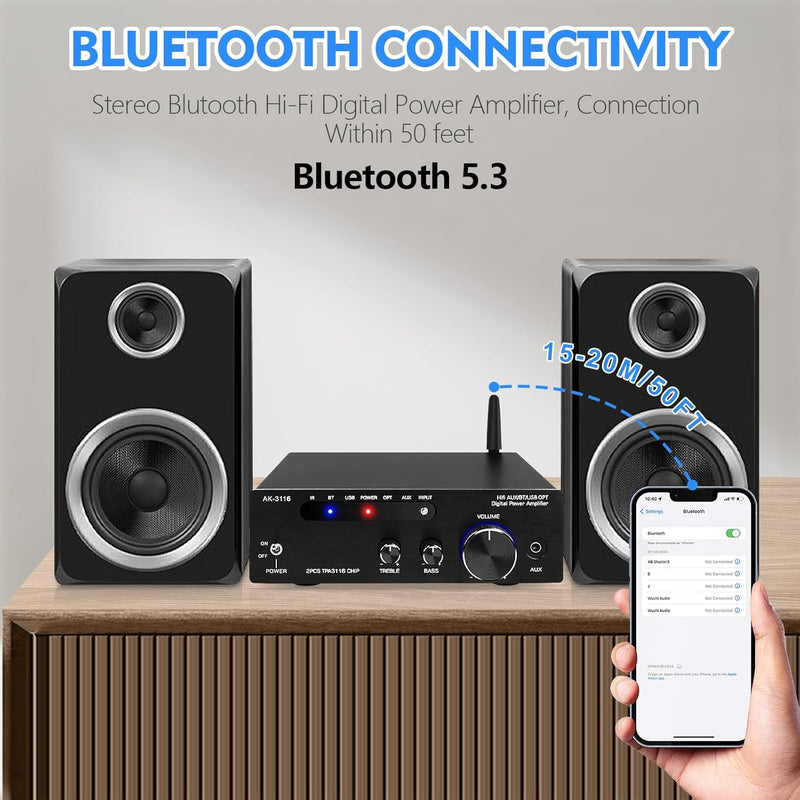 HiFi-Verstärker mit Bluetooth 5.3, AK-3116 Mini Stereo Audioverstärker 2.0-Kanal 100W x 2 Empfänger
