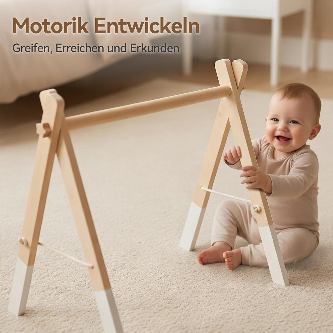 Holz Baby Spielbogen - Natürliches Holz Activity Archmit 5 abnehmbaren Sensorik Spielzeugen zum Grei