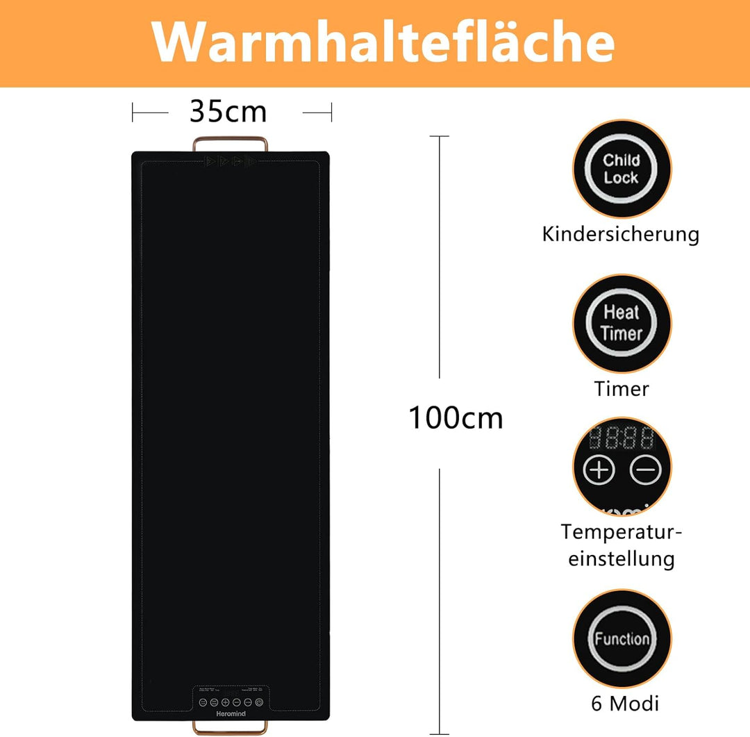 Wärmeplatte 100x35 cm, 450W Elektrische Warmhalteplatte, Touch-Bedienung, Für Grossküchen & Catering