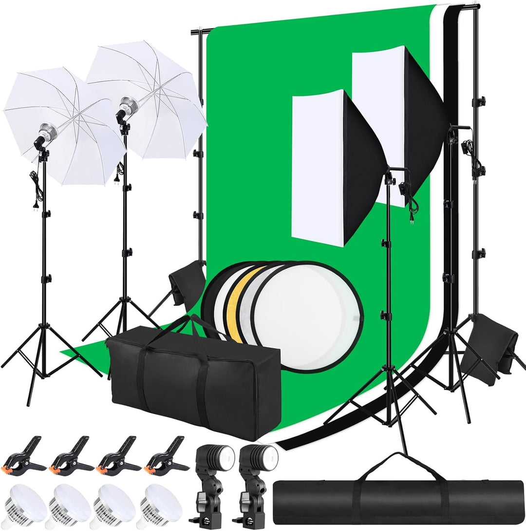 2 Stück Softbox Set, LED Softboxen Profi Fotostudio Set, 2,6 x 3 m Hintergrund mit Lampenstativ, Wei