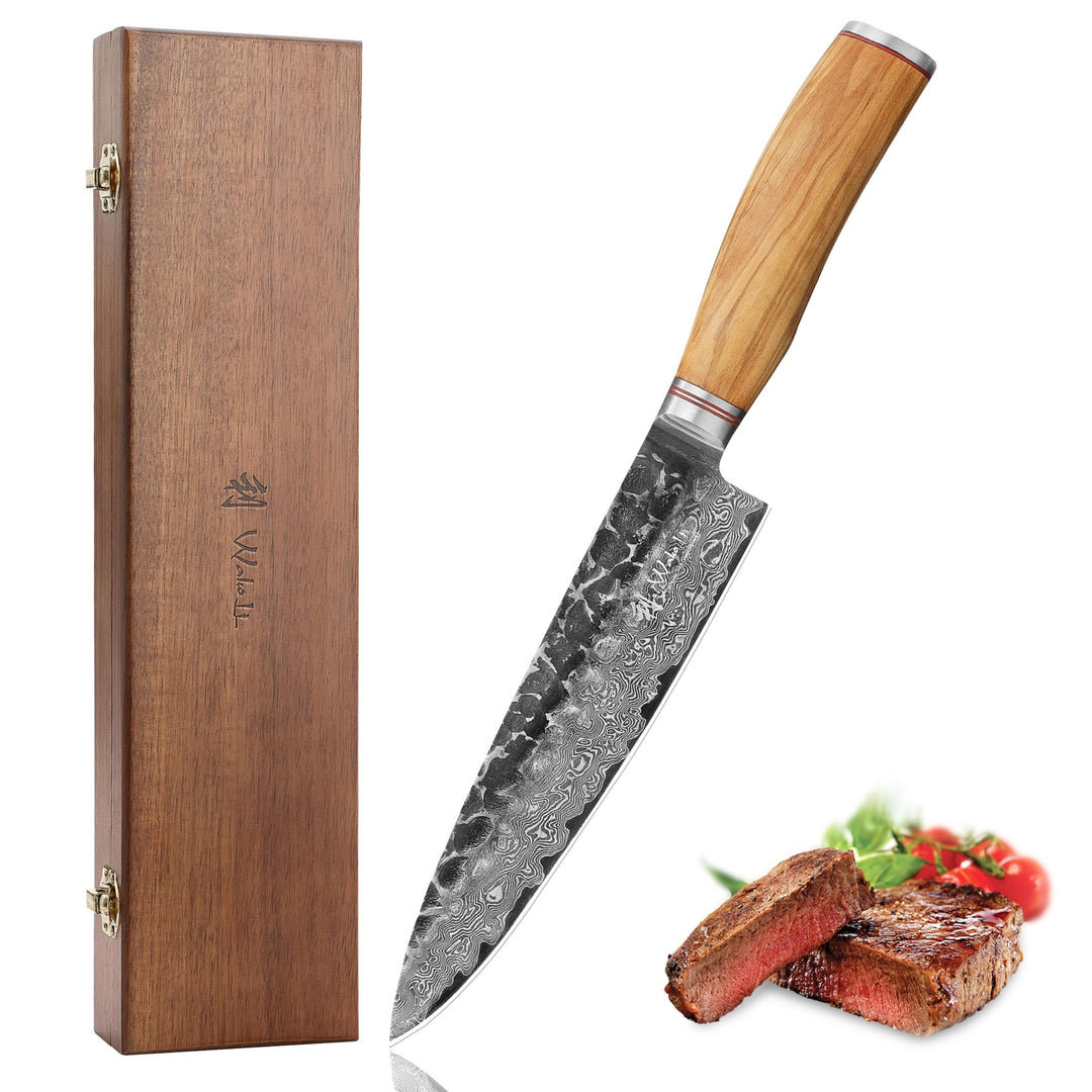 Wakoli Olive HS Kochmesser aus echtem Damaststahl (VG10 Kern) mit 20 cm Klinge – Scharf & ausbalanci