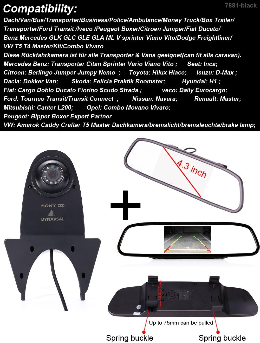 【4.3'' Rückspiegel Monitor + Rückfahrkamera Transporter】 im 3. Bremsleuchte HD Rückfahrkamera für Me