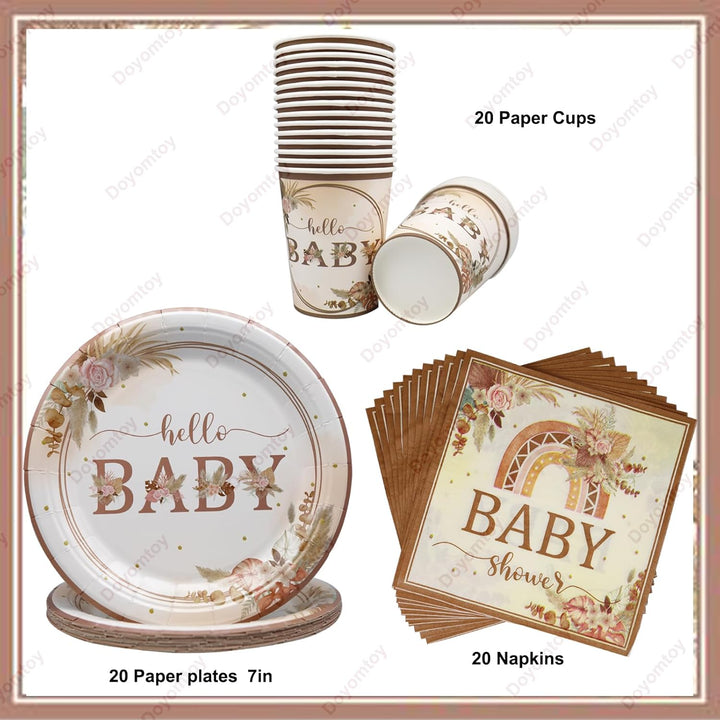 Doyomtoy Boho Baby Shower Partygeschirr,60Stück Baby Shower Papiergeschirr Set - Pappteller Papiertü