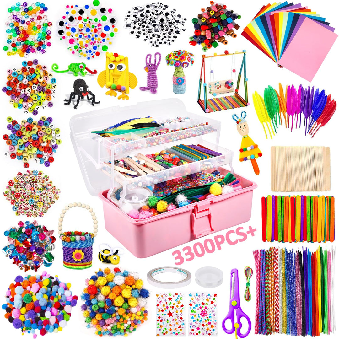 Purpledi 3300+ Stück Bastelsets für Kinder Bastelmaterial in Bastelkoffer, DIY Bastelzubehör Bastelb