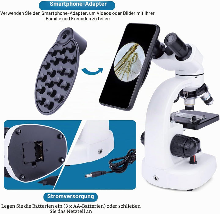 40X-1000X Binokular Mikroskop für Erwachsene Kinder, Compound Mikroskop mit Dual LED Beleuchtung mit