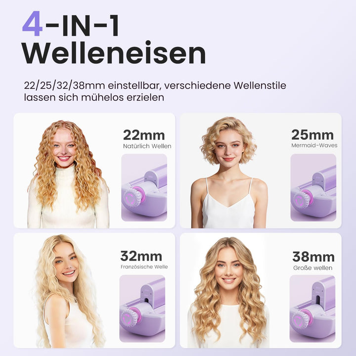 22/25/32/38mm Einstellbar Welleneisen für Haare - 4 In 1 Beach Waves Lockenstab, 3 Fässer Lockeneise