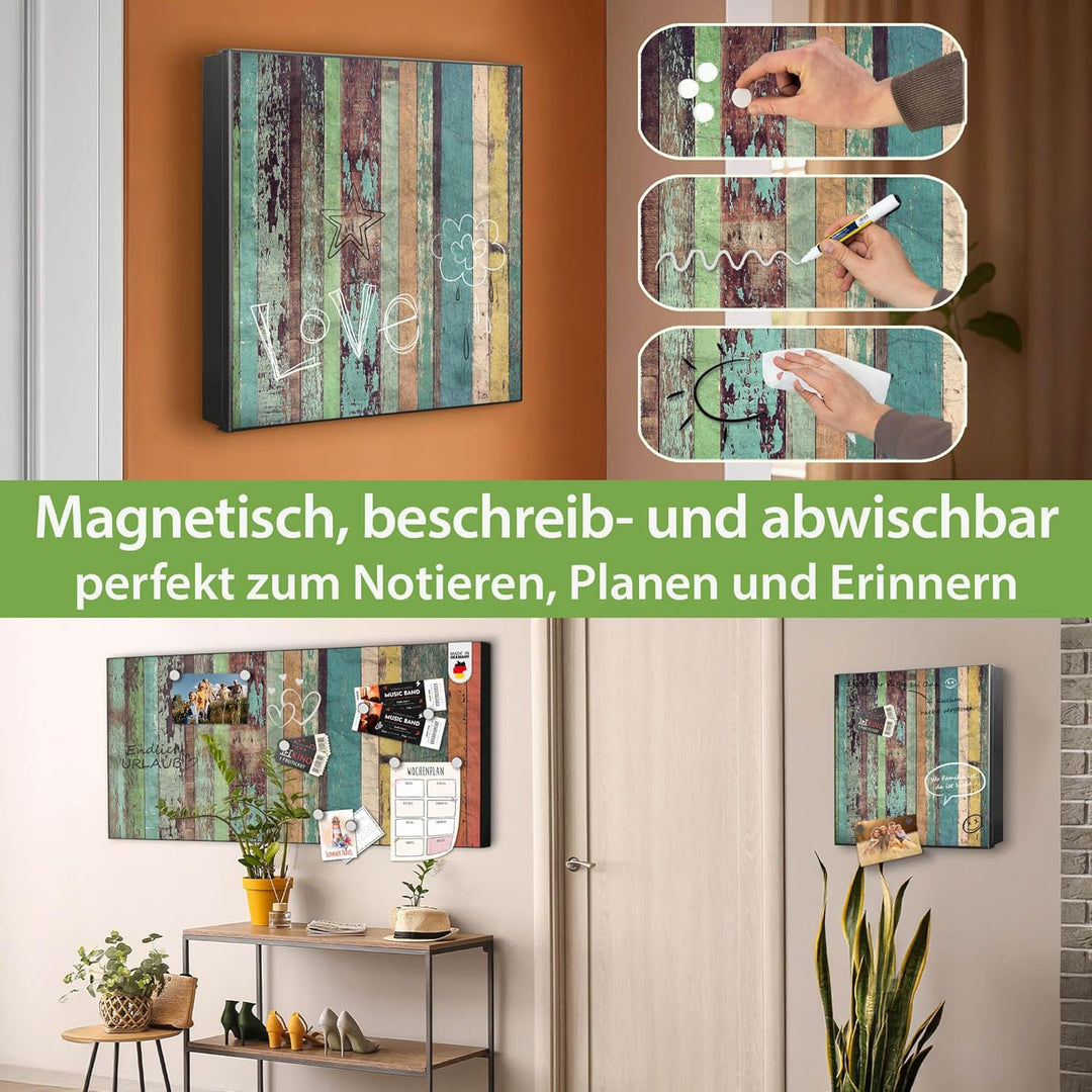 banjado® Grosser Schlüsselkasten Glas/Schlüsselbox 30cm x 30cm mit 50 Haken - Motiv Bunte Bretterwan