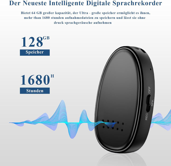 Mini Diktiergerät 3072 Kbps, 128GB Aufnahmegerät mit Dreifacher Rauschunterdrückung Voice Recorder,