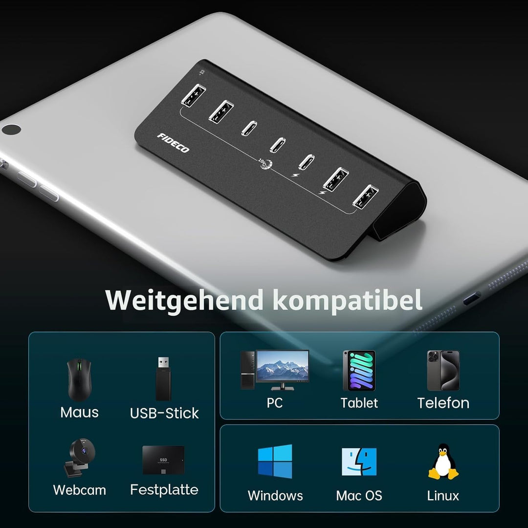 FIDECO USB Hub mit Netzteil, 7 Port USB 3.2 Gen 2, 10Gbit/s Schneller Datenhub, Vollaluminium-Verlän