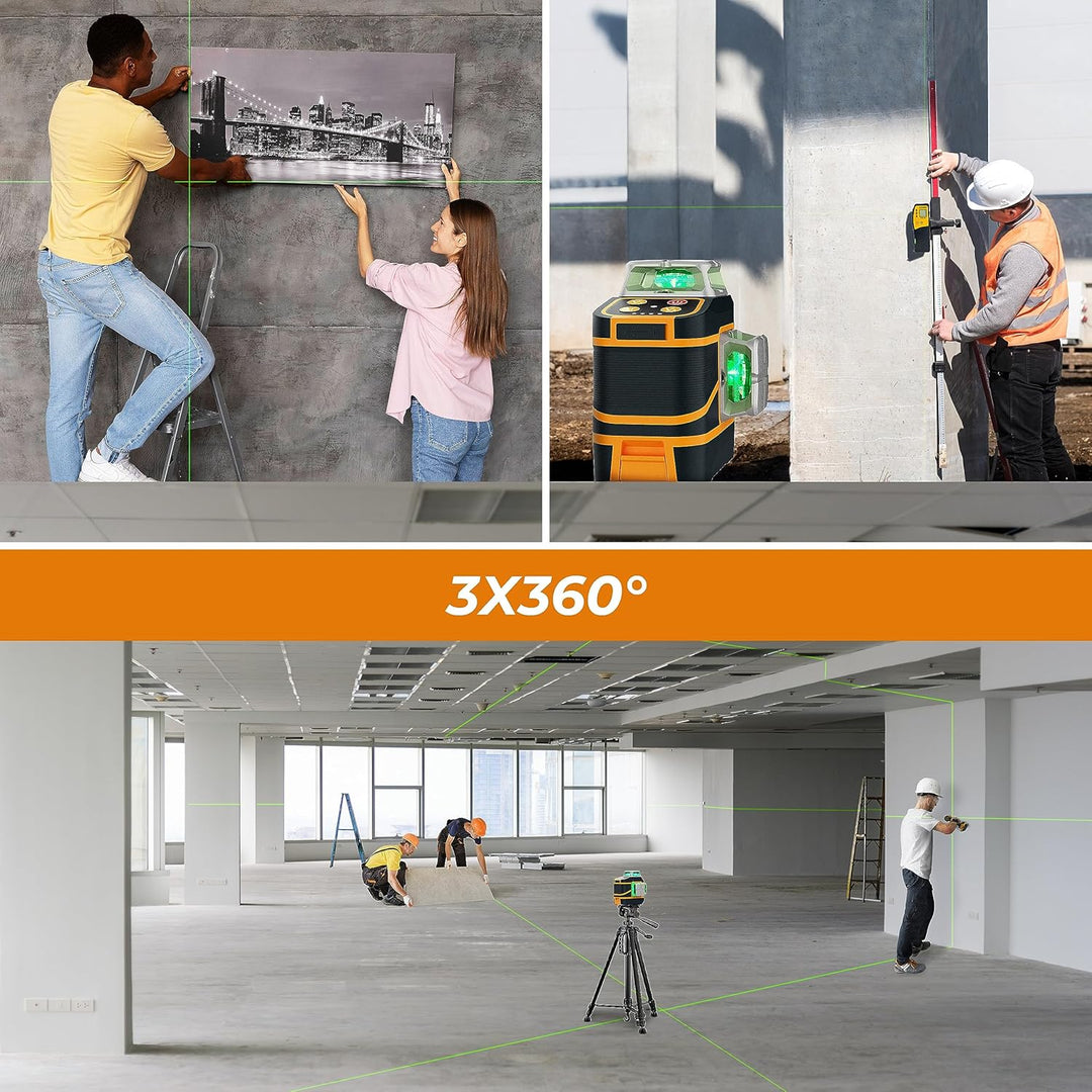 CIGMAN Kreuzlinienlaser 3 x 360 Grad grün Selbstnivellierend Laser Wasserwaage, 2 x abnehmbare wiede