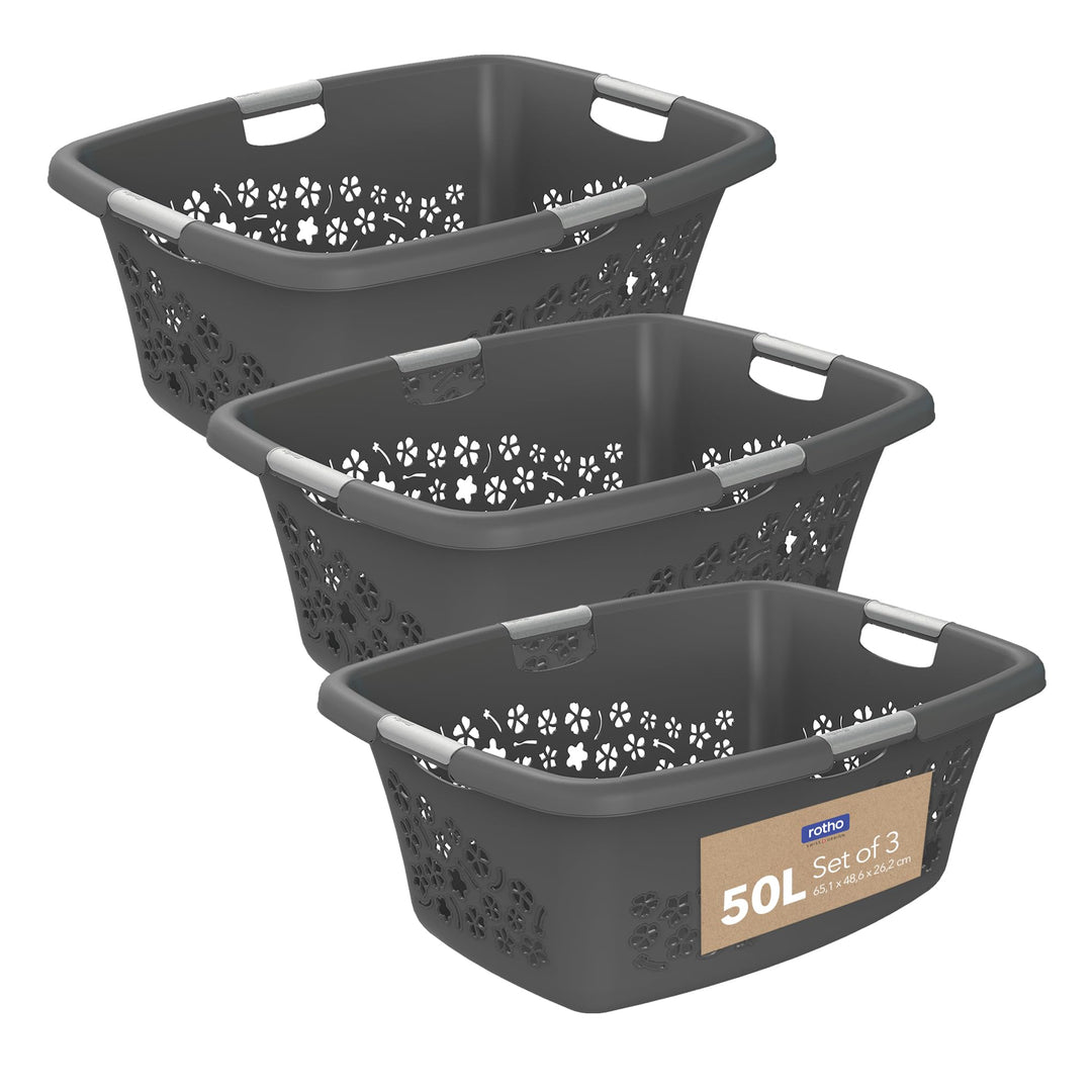 Rotho 3er-Set Wäschekorb Flowers 50l, Kunststoff (PP) BPA-frei, anthrazit, 3x50l, (65,1 x 49 x 26,2