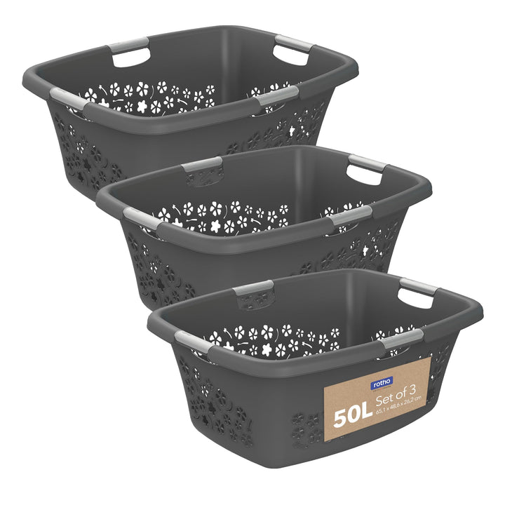 Rotho 3er-Set Wäschekorb Flowers 50l, Kunststoff (PP) BPA-frei, anthrazit, 3x50l, (65,1 x 49 x 26,2