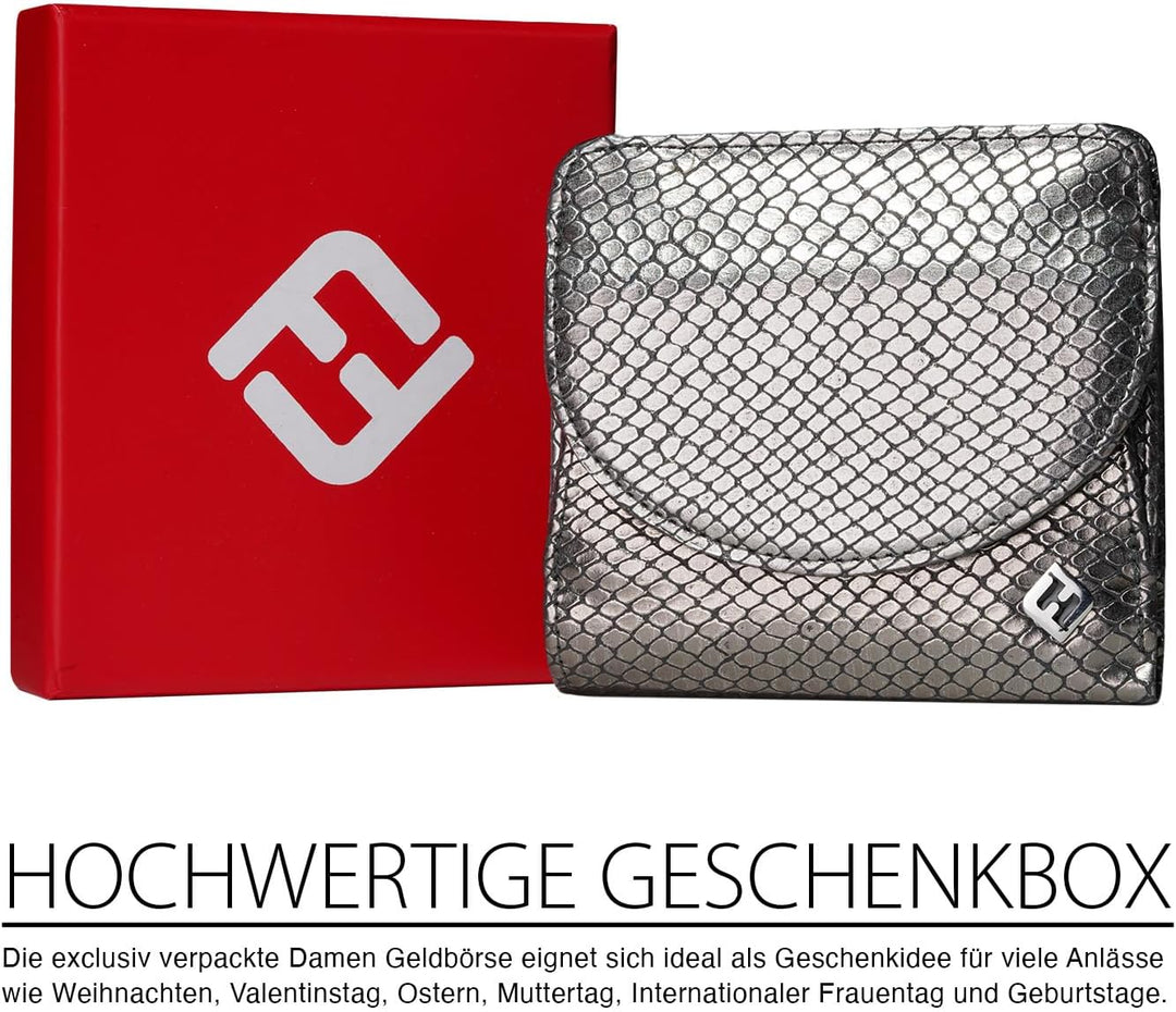 Portmonee Damen klein, Reise Geldbörse, viele Fächer, Schlangen-Look silber, RFID Blocker, Münzfach