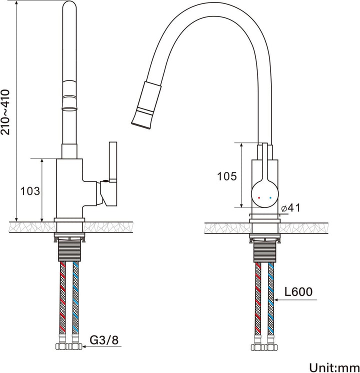 Auralum Flexibler Wasserhahn Küche, Küchenarmatur mit Zwei Wasserstrahlarten, Hochdruck Spültischarm