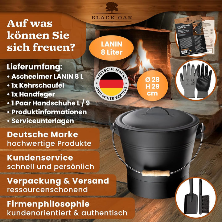 BLACK OAK Ascheeimer LANIN 8L - Asche-Eimer schwarz mit Deckel & Holz-Griff HELL + Feger + Schaufel