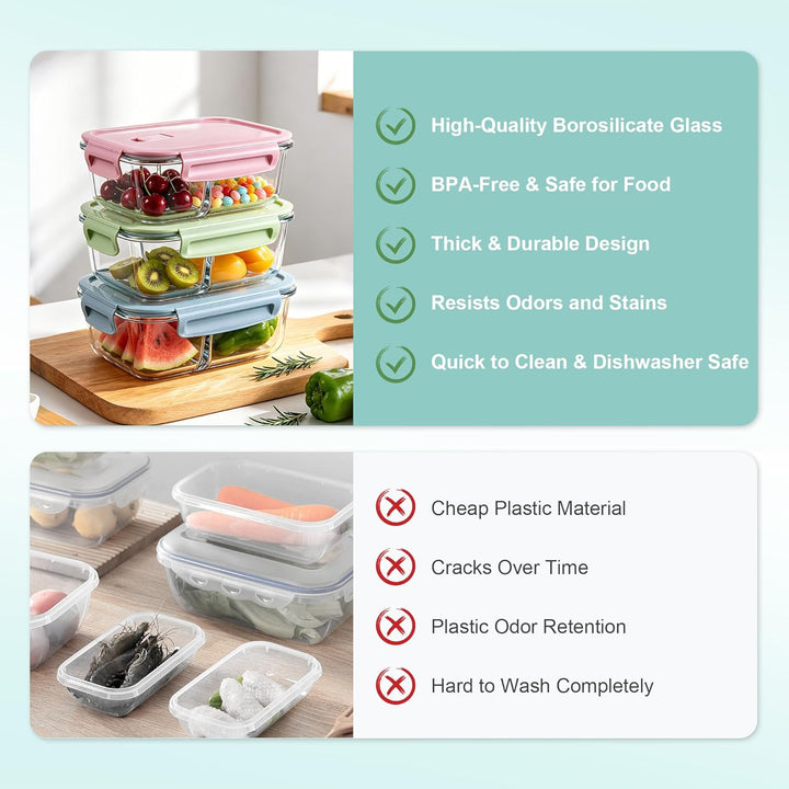 Zocipro 5 Stück Meal Prep Boxen Glas 1040ml mit 2 Fächern | Glasbehälter mit Deckel, Frischhaltedose