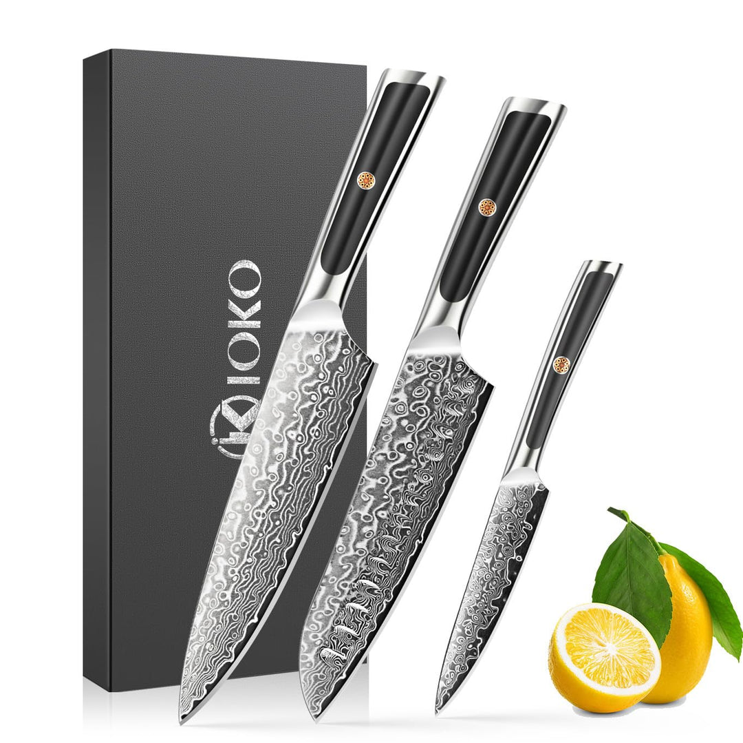 ioko Damaszenerstahl-Messer-Set, 3-teilig, Scharfe Klingen, Komfortable Griffe (Schwarz), Schwarz