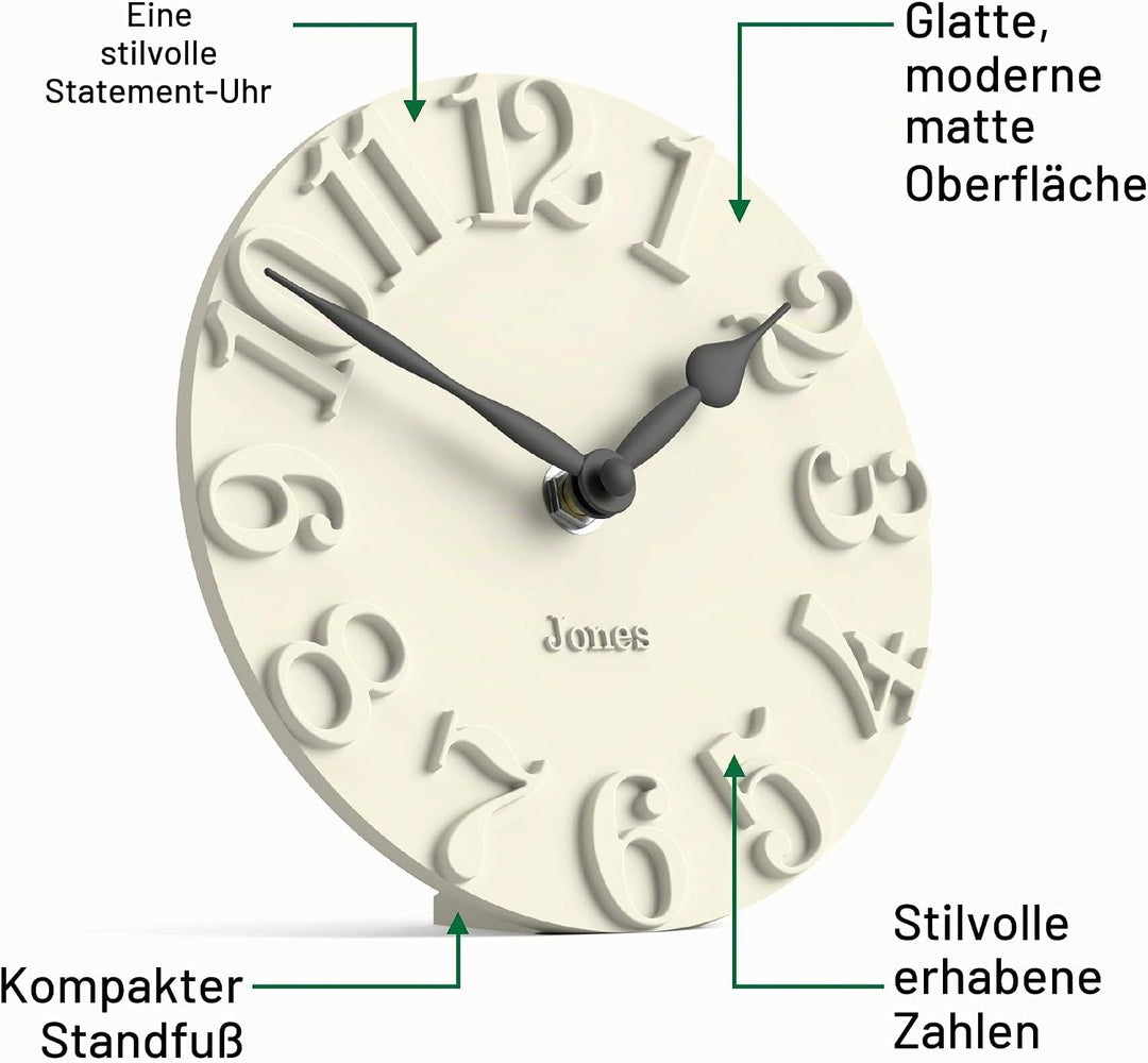 JONES CLOCKS® Hampstead Schreibtisch Uhr | Freistehend | Blasscreme | Elegante, erhabene Ziffern | I