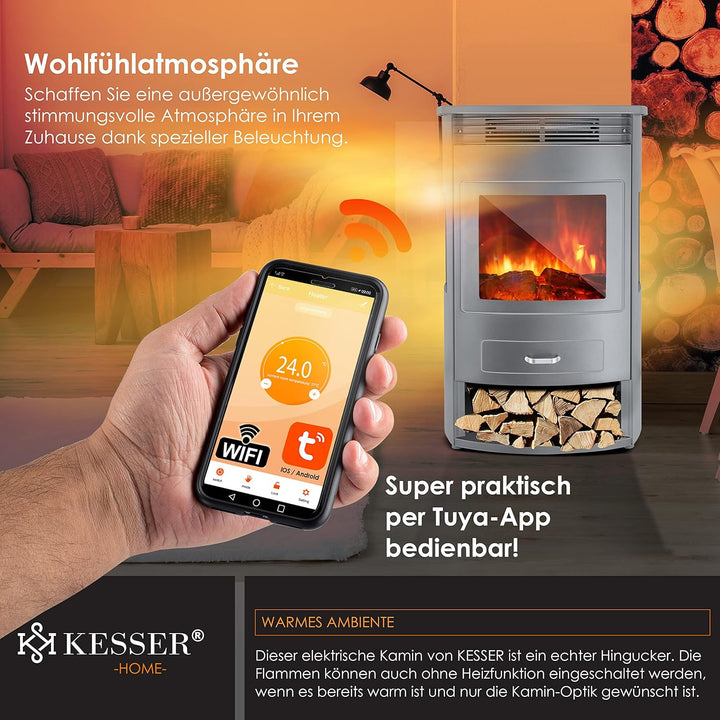 KESSER® Prio Elektrokamin mit Heizung Heizlüfter Fernbedienung WiFi App 950/1900 W Kamin elektrisch