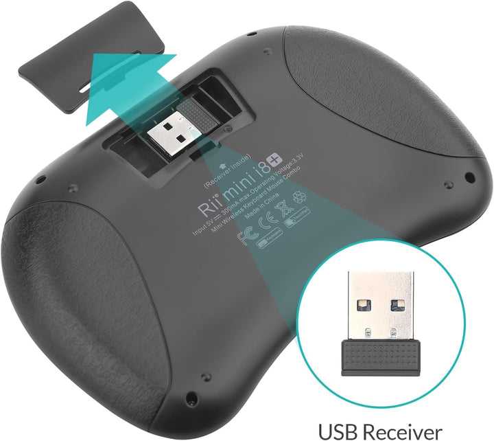 Rii Mini i8+ Wireless (QWERTY US Layout) - Mini Beleuchtete Tastatur mit Multi-Touch Maus-Pad für Sm