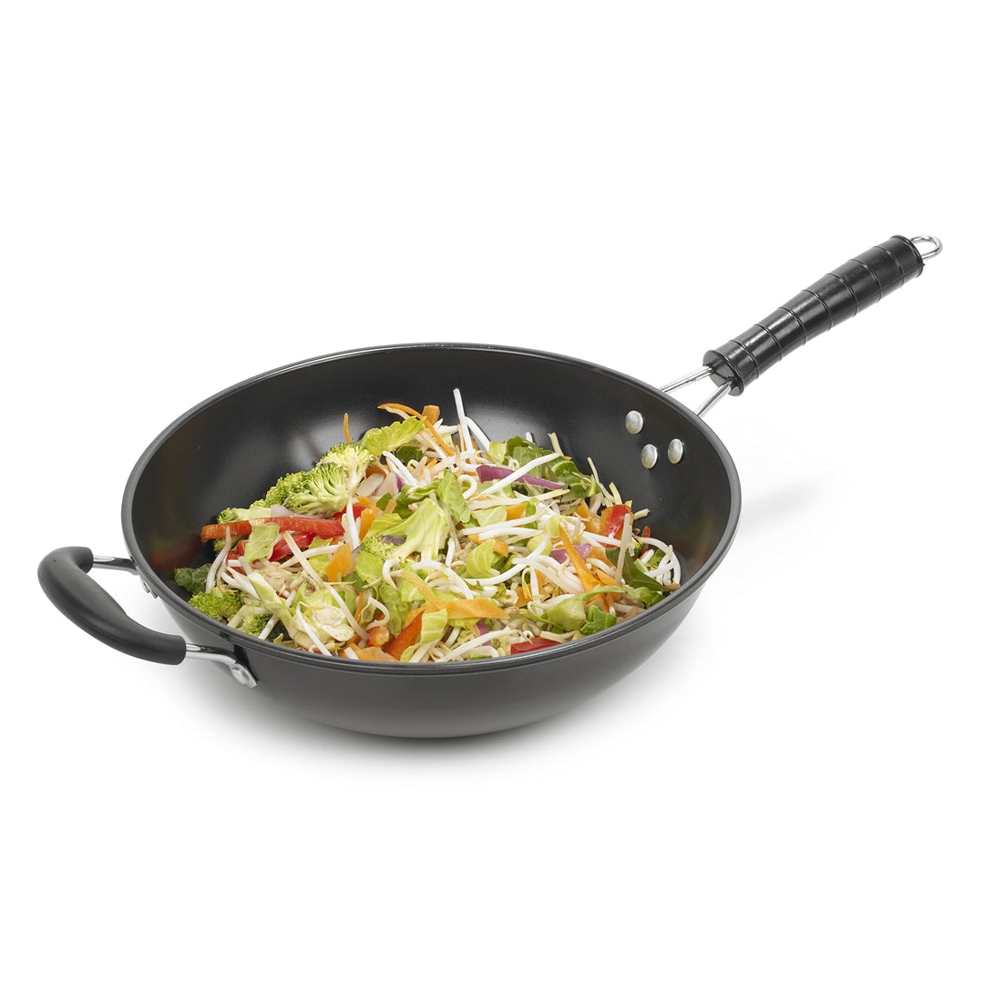Homiu Wok Traditionelles Design mit 2 Griffen, antihaftbeschichtet, grosse Pfanne, Bakelit-Griff, Ka