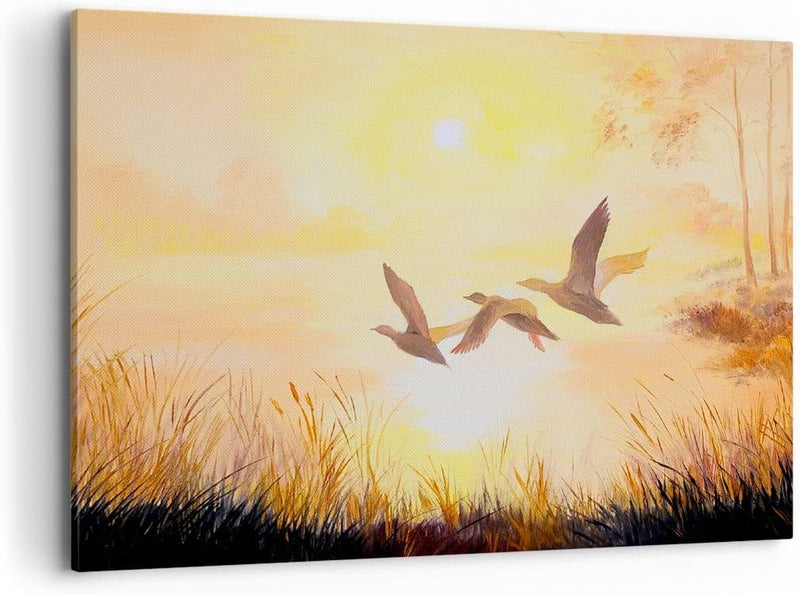 Bilder auf Leinwand 100x70cm Leinwandbild mit Rahmen Vogel Natur Wasser Gross Wanddeko Bild Schlafzi