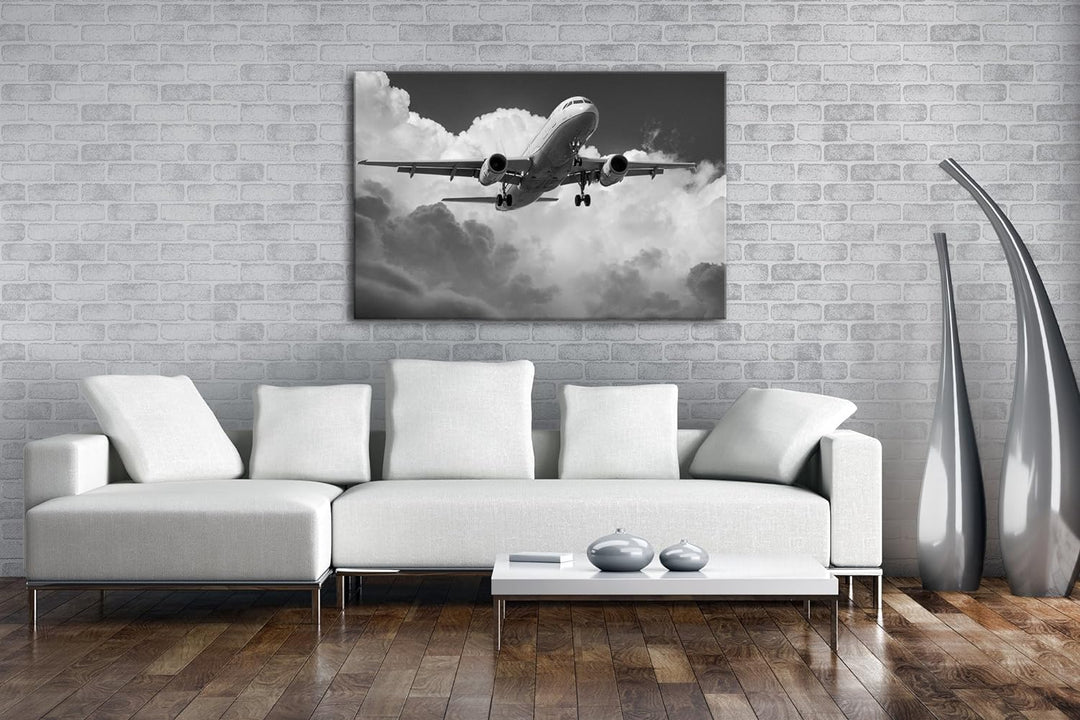 Flugzeit in den Wolken Effekt: Schwarz/Weiss im Format: 80x60 als Leinwandbild, Motiv fertig gerahmt