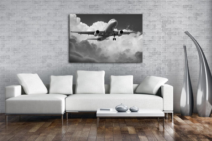 Flugzeit in den Wolken Effekt: Schwarz/Weiss im Format: 80x60 als Leinwandbild, Motiv fertig gerahmt