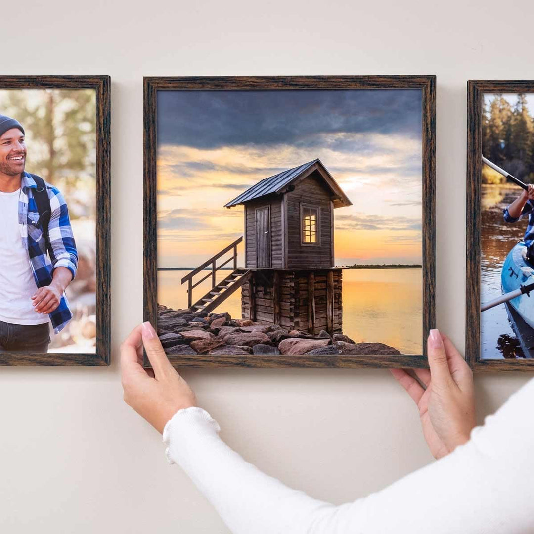 PHOTOLINI Bilderrahmen 30x30 cm MDF-Holz Eiche Dunkel, 3er Set Posterrahmen, bruchsicheres Acrylglas