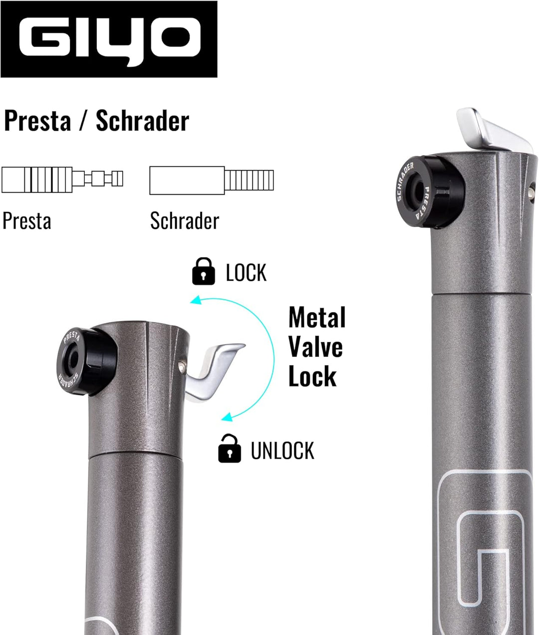 GIYO Super Micro Fahrradreifenpumpe, aus Metall, kleinste Pumpe, erhältlich mit Teleskoppumpe für MT