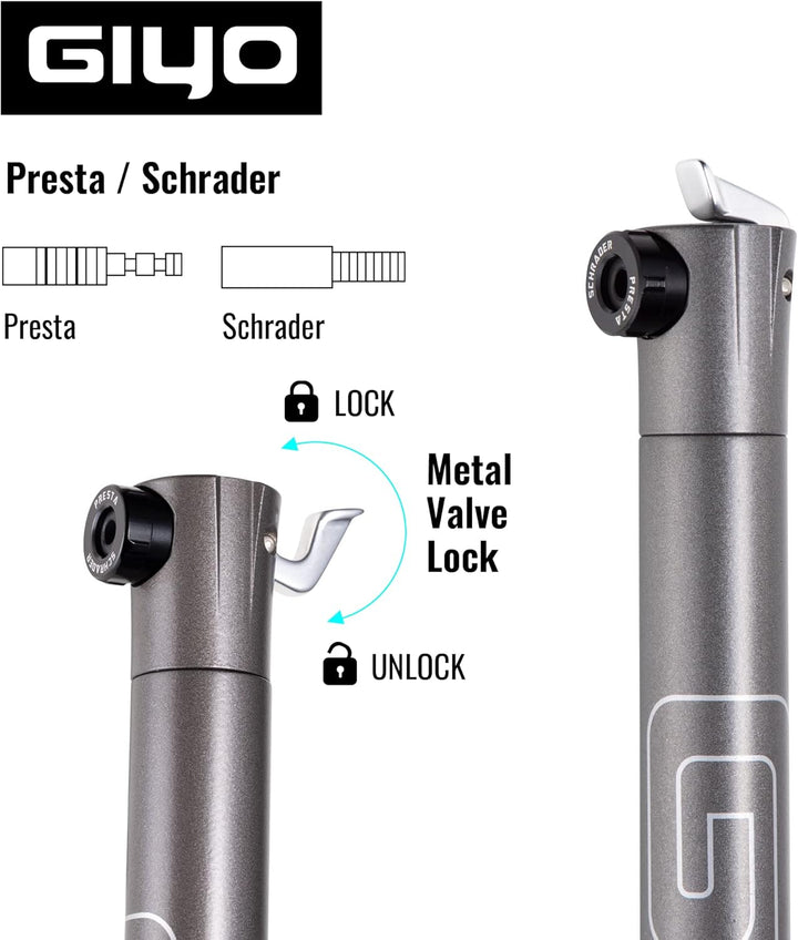 GIYO Super Micro Fahrradreifenpumpe, aus Metall, kleinste Pumpe, erhältlich mit Teleskoppumpe für MT