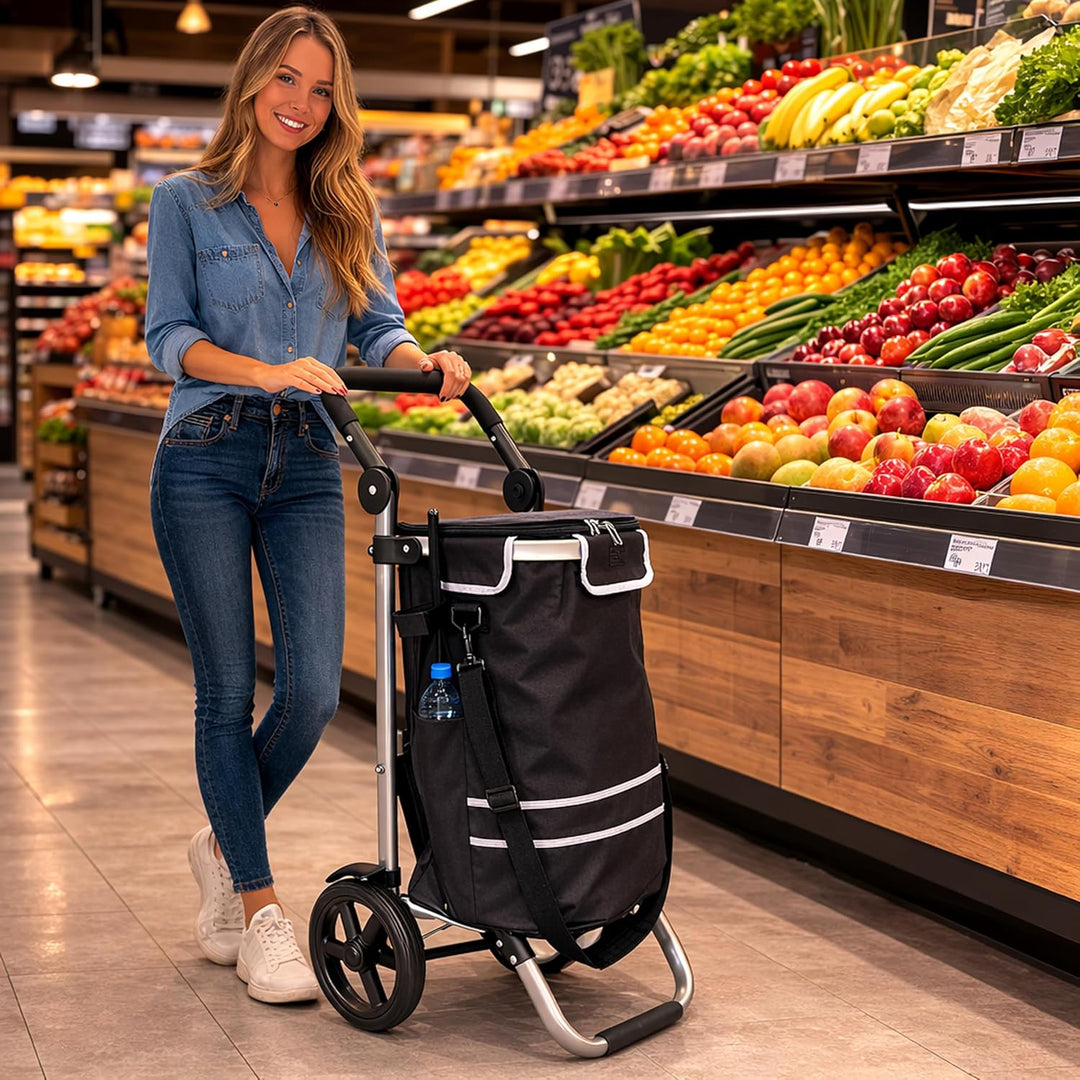 Faltbarer Aluminium Einkaufstrolley 57L (48L + 9L Kühlfach) Schwarz, 30kg Traglast, 35x45x98cm, Eva
