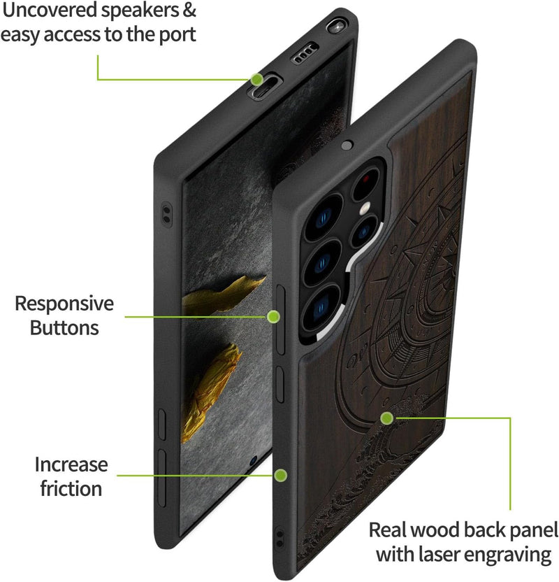 Carveit Holz Handyhülle für Galaxy S22 Ultra Case [Elegante Schwarzholz] [Weich TPU Stossstange] Sto