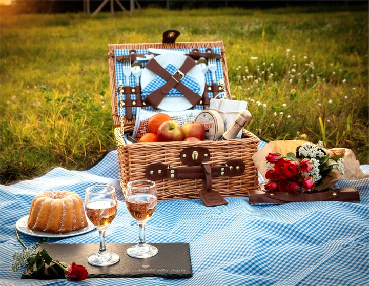 Picknickkorb für 2 Personen, Weidenkorb mit isoliertem Kühlfach, Picknickdecke, Schieferbrett, Tasch