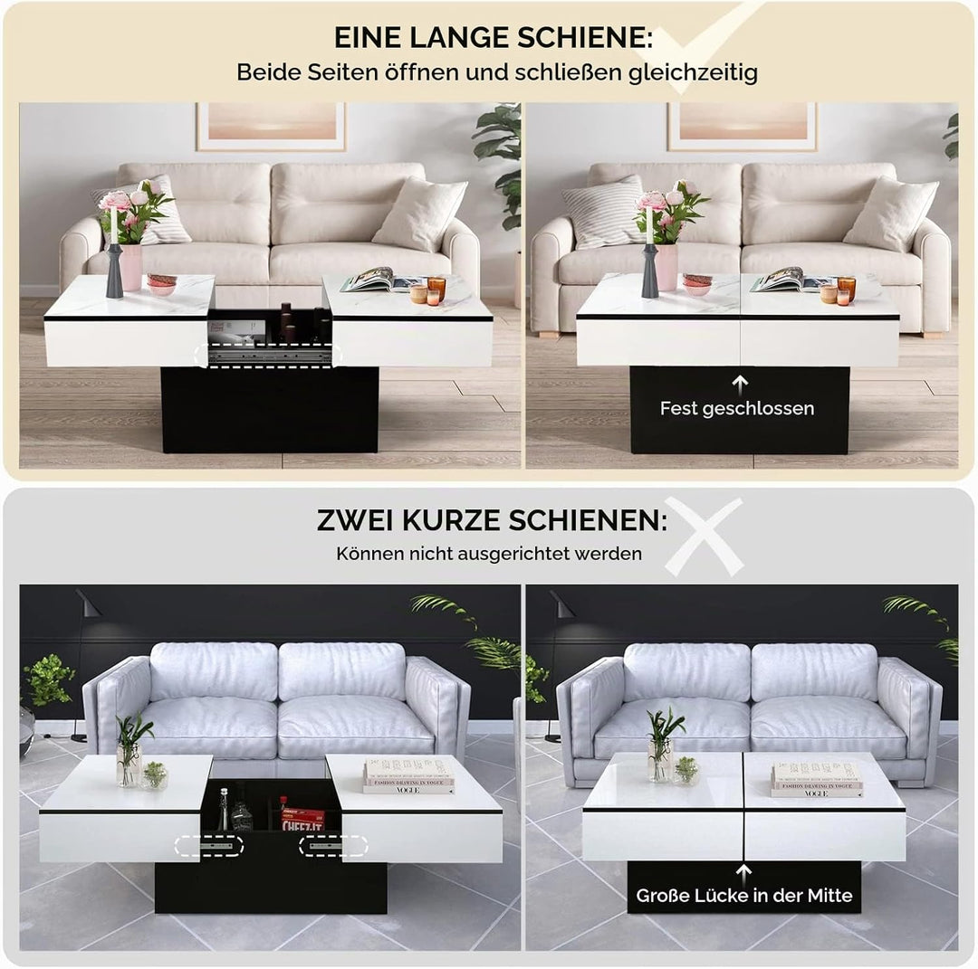 VOWNER Couchtisch, Moderner Couchtisch, Ausziehbarer Schreibtisch, Wohnzimmertisch mit 2 Stauräume,