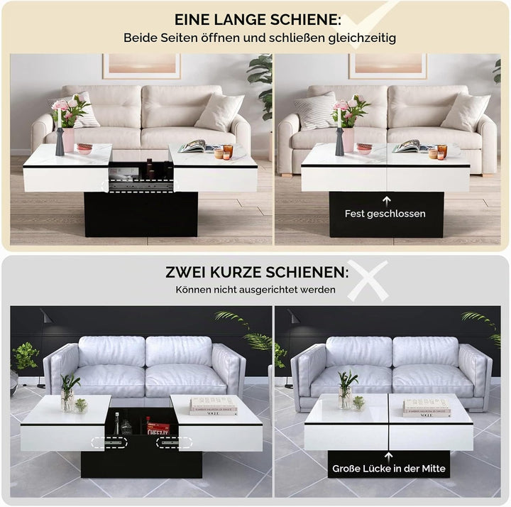 VOWNER Couchtisch, Moderner Couchtisch, Ausziehbarer Schreibtisch, Wohnzimmertisch mit 2 Stauräume,